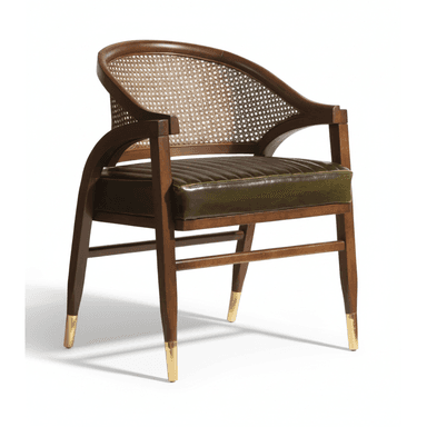 A mid-century modern style armchair featuring a dark wood frame, a curved cane backrest, and a dark olive green tufted leather seat cushion. The chair's legs are tapered and adorned with brass sabots. — 3D model (AI enhanced source)
