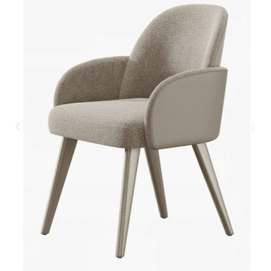 An upholstered armchair featuring a curved backrest and integrated armrests. The chair is covered in a textured grey fabric on the inner surfaces and outer backrest, with smooth taupe faux leather panels on the exterior sides of the arms and lower back. It stands on four tapered, splayed legs with a metallic finish. — 3D model (AI enhanced source)