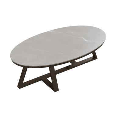 An oval coffee table featuring a light grey top with subtle white veining, resembling marble, supported by a dark brown or bronze-finished metal base with angled, geometric legs. — 3D model (AI enhanced source)
