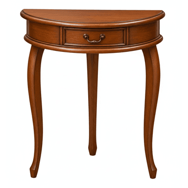 A traditional half-round wooden console table featuring a single drawer with an antique brass pull and three elegant cabriole legs, finished in a medium cherry stain. — 3D model (AI enhanced source)