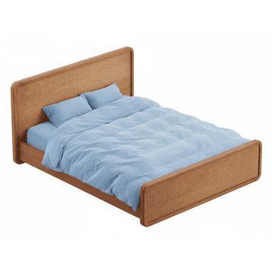 A contemporary platform bed frame constructed from natural wood with woven cane panels on both the headboard and footboard. The frame features rounded edges and is presented with light blue bedding. — 3D model (AI enhanced source)