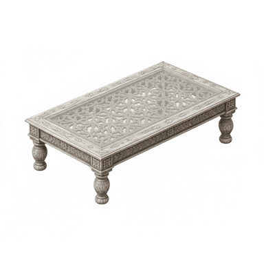 A low, rectangular table featuring elaborate carved detailing on the wooden frame and legs, with a transparent glass panel set into the top surface, revealing a patterned carved base underneath. The wood has a distressed white/grey wash finish. — 3D model (AI enhanced source)
