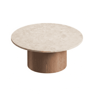 A low-profile, round coffee table featuring a light-colored, natural travertine tabletop and a sturdy, cylindrical wooden pedestal base. The design is minimalist and contemporary, highlighting the natural textures of its materials. — 3D model (AI enhanced source)