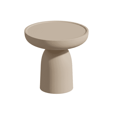 A contemporary side table featuring a monolithic, sculptural design. It has a round top with a slightly recessed edge, supported by a sturdy, cylindrical pedestal base, all in a uniform matte beige finish. — 3D model (AI enhanced source)