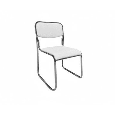 A contemporary cantilever chair featuring a polished chrome-plated tubular steel frame and white upholstered seat and backrest. The design is minimalist and functional, characteristic of modern interiors. — 3D model (AI enhanced source)