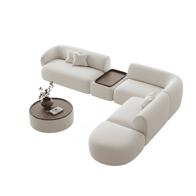A modern modular sectional sofa in light fabric, featuring rounded contours, an integrated wooden tray, and a coordinating round coffee table with a wooden top. — 3D model (AI enhanced source)