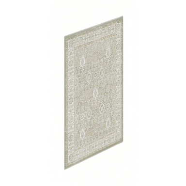 A rectangular area rug featuring a traditional, intricate Persian-inspired pattern with a slightly distressed or faded appearance. The primary colors are muted sage green and cream, accented with touches of light blue, peach, and muted red. It has a central medallion design and a multi-layered border with detailed floral and geometric motifs. — 3D model (AI enhanced source)