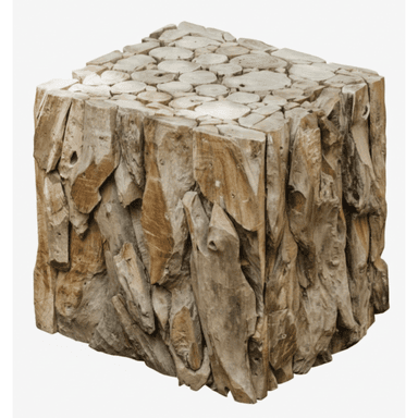 A cube-shaped accent table constructed from irregular pieces of natural wood, likely teak, with a top surface composed of circular wood slices. — 3D model (AI enhanced source)