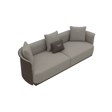 A contemporary sofa featuring a distinct curved back and armrest design with dark wood veneer paneling. The seating and back cushions are upholstered in a light grey fabric, and it includes matching throw pillows, some with an embroidered logo, suggesting a luxury brand affiliation. The sofa has a clean, integrated appearance with a low-profile base. — 3D model (AI enhanced source)