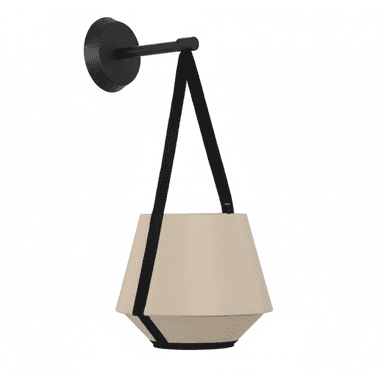 A modern wall-mounted lighting fixture featuring a matte black circular backplate and an extended arm. A light-colored, multi-faceted conical shade is suspended from the arm by two black fabric straps, creating a distinctive design. — 3D model (AI enhanced source)