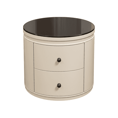 A round, cylindrical nightstand with a dark glass top and two curved drawers, finished in a light beige or off-white color, with dark spherical drawer pulls. — 3D model (AI enhanced source)