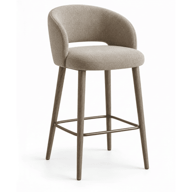 A contemporary counter stool featuring a light beige upholstered seat and backrest, supported by four tapered wooden legs with an integrated metal footrest. — 3D model (AI enhanced source)