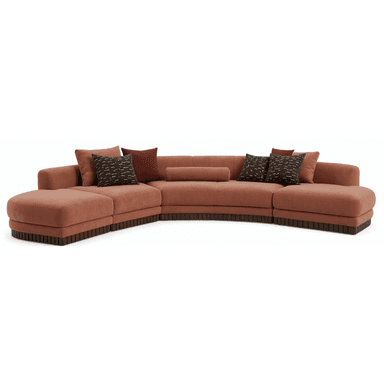 A large, contemporary curved modular sectional sofa upholstered in a warm terracotta or reddish-brown boucle-like fabric, featuring multiple sections including an ottoman-like end piece and a distinctive dark wood fluted base. Several accent pillows in varying shades and patterns are included. — 3D model (AI enhanced source)