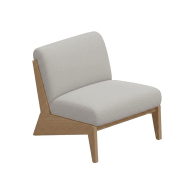 An armless lounge chair featuring light gray fabric upholstery on the seat and a gently angled backrest, supported by a distinctive exposed light-toned wooden frame that extends to form the legs. — 3D model (AI enhanced source)