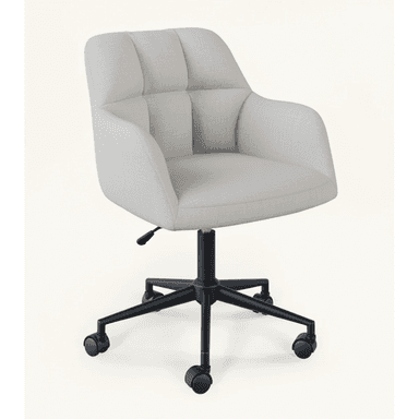 A light grey upholstered office chair featuring a bucket-style seat, integrated armrests, and a backrest with vertical channel tufting. It sits on a black five-star swivel base equipped with casters and has a visible lever for height adjustment. — 3D model (AI enhanced source)