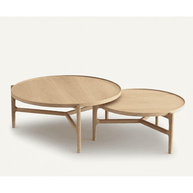 A set of two round coffee tables designed to nest, featuring light oak wood construction and a minimalist, Scandinavian-inspired design. — 3D model (AI enhanced source)
