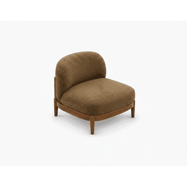 A single-seater armchair with a curved backrest and a low profile. The armchair features a wooden frame, visible as legs and a surrounding base, supporting upholstered seating and backrest. The upholstery has a textured, boucle-like finish. — 3D model (AI enhanced source)