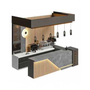 A contemporary modular coffee bar kiosk featuring a dark grey, concrete-effect counter system with integrated wood slat paneling, a functional preparation area with a sink, and space for coffee equipment. The unit includes an overhead canopy with suspended minimalist pendant lights and an integrated menu board. — 3D model (AI enhanced source)