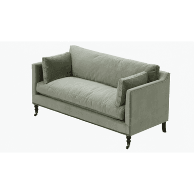 A contemporary two-seater sofa featuring a clean-lined silhouette, track arms, and plush cushioning. Upholstered in a soft, light green velvet or similar fabric, it includes two loose back cushions and a single bench-style seat cushion. The base is adorned with decorative nailhead trim along the bottom edge, and it stands on dark turned wood legs, with the front legs equipped with metal casters. — 3D model (AI enhanced source)