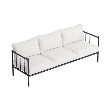 A minimalist three-seater outdoor sofa featuring a sleek black metal frame and three plush, off-white seat cushions and back cushions. The frame is constructed from slender, powder-coated metal tubing with integrated vertical bar armrests and back support. The design is contemporary and functional, ideal for outdoor living spaces. — 3D model (AI enhanced source)