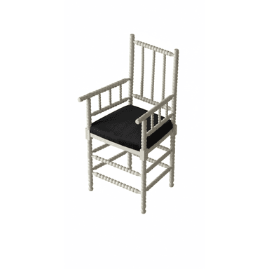A white painted wooden armchair featuring distinctive spool-turned legs, stretchers, armrests, and backrest spindles. It is fitted with a contrasting black upholstered seat cushion. — 3D model (AI enhanced source)