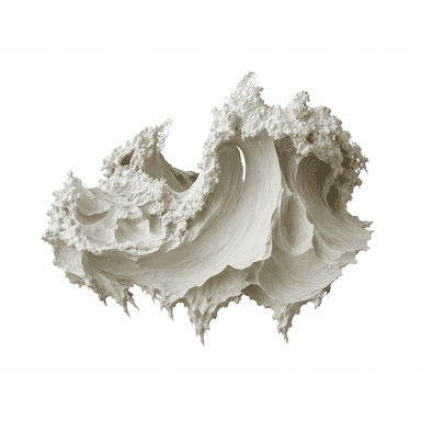 An abstract, organic sculpture featuring complex, wave-like forms and highly textured surfaces. The piece exhibits a flowing, dynamic composition with varied depths, including concave hollows and sharp, spiky projections. Its off-white or light grey color emphasizes the intricate shadows and highlights cast by its three-dimensional structure. — 3D model (AI enhanced source)