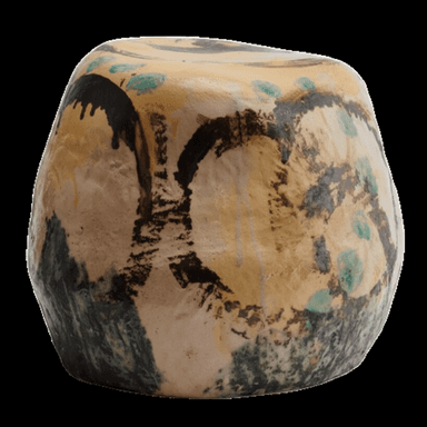 A rounded, roughly cylindrical ceramic object, likely a stool or pedestal, featuring an abstract, earthy glaze pattern in shades of tan, black, and teal. — 3D model (AI enhanced source)