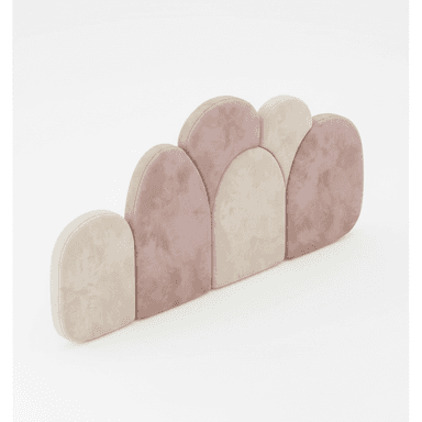An upholstered headboard composed of multiple, semi-circular or cloud-shaped panels. The panels alternate in color, typically light pink and beige, creating a soft and playful aesthetic. The fabric appears plush, likely velvet or suede. — 3D model (AI enhanced source)