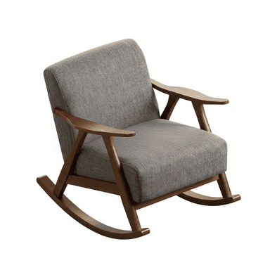 A wooden rocking chair with upholstered seating and backrest. The chair features curved wooden armrests and a frame constructed from dark wood. The rocking mechanism is integrated into the base with curved runners. — 3D model (AI enhanced source)