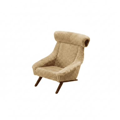 A single lounge chair upholstered in a shaggy, light beige sheepskin or boucle fabric, featuring a high back with a distinct rolled headrest. The chair has a deep, comfortable seat and is supported by four dark, tapered solid wood legs splaying outwards from the base. — 3D model (AI enhanced source)
