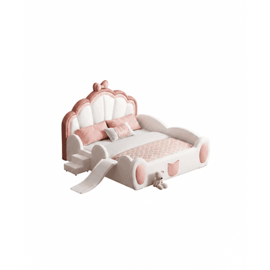A children's bed with a pink and white scalloped headboard featuring a bow accent. The frame is predominantly white with pink accents, resembling ears or rounded protrusions on the sides. It includes a built-in slide and a small set of steps on the left side. The bedding features a pink geometric pattern. A small stuffed bear is placed on the foot of the bed. — 3D model (AI enhanced source)