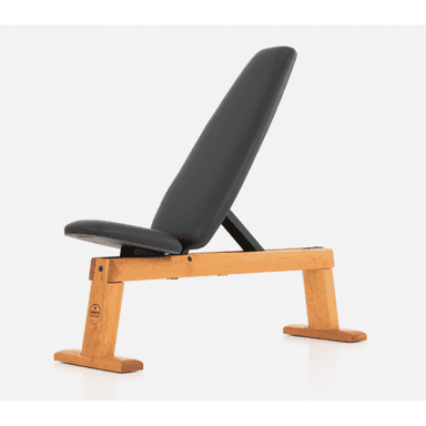 An adjustable weight bench with a solid light wooden frame and black upholstered pads. The bench features a main seating pad and a backrest that appears to be adjustable to various incline positions, supported by a black metal mechanism. The wooden frame has a clean, minimalist design with a broad, stable H-shaped base at each end. — 3D model (AI enhanced source)