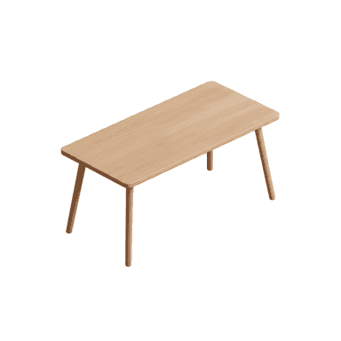 A light-toned wooden rectangular table featuring a smooth top with softly rounded corners and four tapered, cylindrical legs. — 3D model (AI enhanced source)