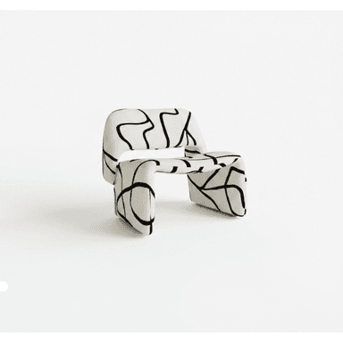 A low-profile, upholstered lounge chair featuring a distinctive, continuous sculptural form. The chair is covered in a cream-colored fabric adorned with a bold, black abstract line pattern. Its design integrates the backrest, seat, and base into one fluid, rounded shape, indicative of contemporary and postmodern aesthetics. — 3D model (AI enhanced source)