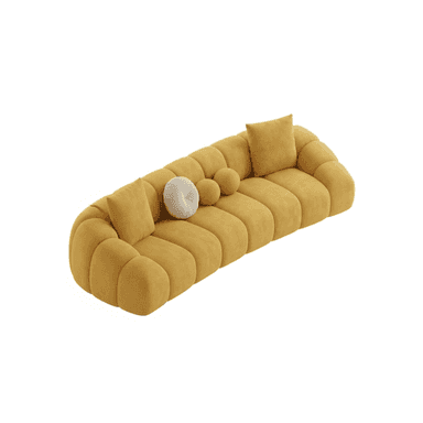 A long, contemporary sofa featuring a distinctive segmented design, with each section appearing deeply cushioned and rounded. It is upholstered in a textured, possibly bouclé fabric in a mustard yellow color. The low-profile design gives it a sculptural quality, and it is accompanied by a few square and round decorative pillows in matching and contrasting tones. — 3D model (AI enhanced source)