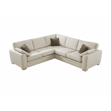 An L-shaped sectional sofa upholstered in a light beige or cream fabric. The sofa features a modern, clean-lined design with wide armrests and low-profile wooden block feet. It is composed of multiple individual seating modules that form a corner configuration. The seating area includes several seat cushions, backrest cushions, and two dark gray rectangular accent pillows. — 3D model (AI enhanced source)