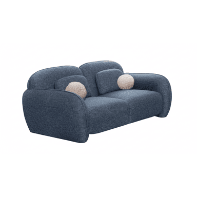 A contemporary two-seater loveseat featuring a distinctively curvaceous and sculptural form, upholstered in a textured dark blue fabric. It includes integrated back cushions and two spherical accent pillows in a lighter, contrasting color. — 3D model (AI enhanced source)