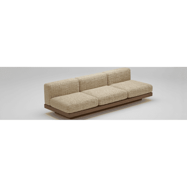A contemporary three-seater sofa featuring a low-profile design with a prominent wooden platform base and segmented upholstered cushions. — 3D model (AI enhanced source)