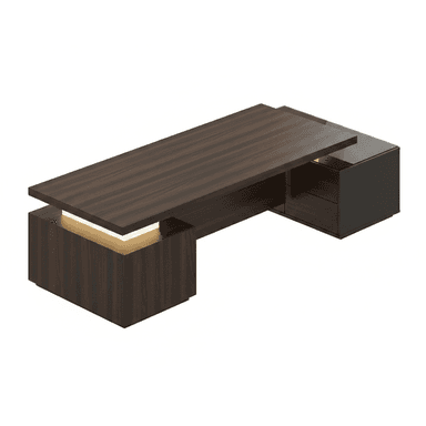 A modern executive office desk featuring a dark wood veneer finish, integrated storage with drawers, and an illuminated support structure. The desk has a multi-level, asymmetric design with a sleek black glass top on the storage unit. — 3D model (AI enhanced source)