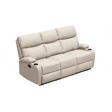 A contemporary three-seater reclining sofa upholstered in light beige/cream faux leather, featuring plush, channel-tufted backrests and seat cushions. The sofa includes two reclining end seats operated by manual levers on the outer sides, and two integrated cup holders within the armrests. The design emphasizes comfort and functionality, with a robust base structure. — 3D model (AI enhanced source)