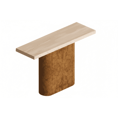 A contemporary console table featuring a rectangular top crafted from light beige travertine stone, supported by a substantial, singular oval-shaped pedestal base made of wood with a distinctive burled veneer finish in warm brown tones. The design emphasizes natural materials and clean, minimalist lines. — 3D model (AI enhanced source)