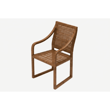 A contemporary armchair constructed from a light brown wooden frame and intricately woven cane panels. The chair features a high backrest, a rectangular seat, and smoothly curved armrests, all integrated into a cohesive design with a natural aesthetic. — 3D model (AI enhanced source)