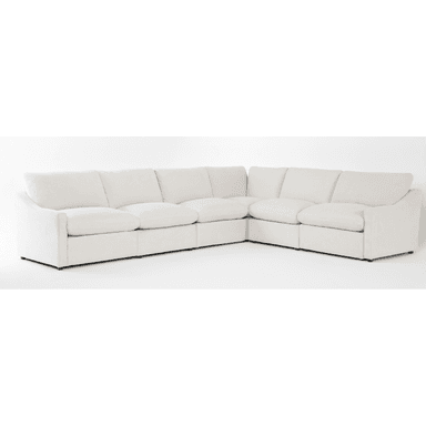 An off-white or cream-colored modular sectional sofa, configured in an L-shape. It features deep, plush seat cushions and backrests, giving it a soft and inviting appearance. The individual modules are upholstered in a light-colored fabric, likely linen or a similar texture. The design is contemporary with clean lines, subtly curved armrests, and low-profile dark feet that are minimally visible. — 3D model (AI enhanced source)