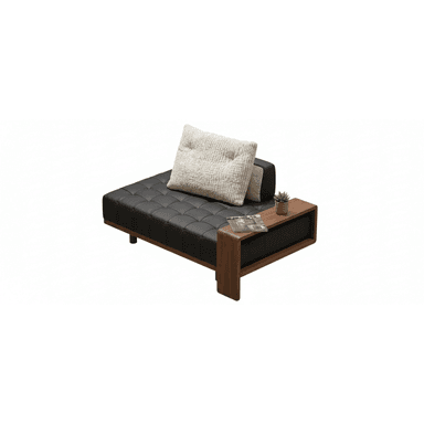 A contemporary low-profile daybed with black tufted leather upholstery, a minimalist wooden frame, and an integrated side table. A light-colored textured pillow is placed on the daybed, and a small potted plant and magazine rest on the wooden side table. — 3D model (AI enhanced source)