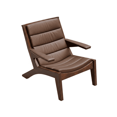 This is a contemporary lounge chair featuring a sturdy dark wooden frame and comfortable brown leather-look upholstery. The design incorporates a slightly reclined back and a wide seat, complemented by padded armrests for enhanced comfort. The seat and backrest are composed of horizontal, channel-tufted cushions, creating a segmented appearance. The frame is constructed with visible wooden elements, including straight legs and angled supports, giving it a modern, yet timeless appeal. — 3D model (AI enhanced source)