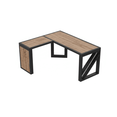 An L-shaped desk featuring a light wood-look laminate top and a black metal frame. The frame has a distinct industrial aesthetic, with one section of the L-shape incorporating a diagonal support beam, while the other side features a solid end panel made from the same wood-look material. — 3D model (AI enhanced source)