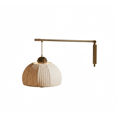 A wall-mounted lamp featuring an adjustable brass arm extending from a vertical wall bracket. A pleated, off-white lampshade, dome-shaped, hangs from the arm via a thin cable. The lampshade has a metallic fitting at the top. — 3D model (AI enhanced source)