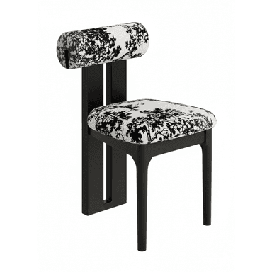 A modern chair with a minimalist black frame and upholstered seat and backrest. The upholstery features a black and white abstract pattern resembling trees or foliage. The chair has four slender legs, a rectangular seat, and a unique, cylindrical backrest that extends upwards from a flat vertical panel connected to the seat frame. — 3D model (AI enhanced source)
