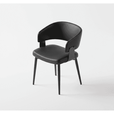 A modern dining armchair featuring a contoured black upholstered seat and backrest, supported by slender, tapered black metal legs. The backrest is gently curved and includes integrated armrests, connected to the seat base via visible black metal brackets. — 3D model (AI enhanced source)