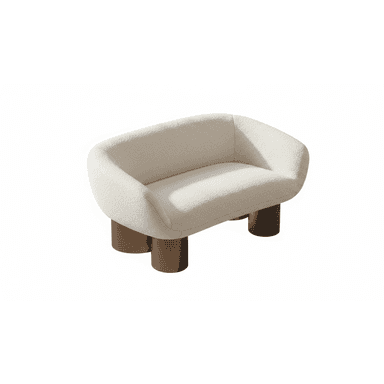 A contemporary two-seater loveseat featuring a distinctive sculptural form, upholstered entirely in a cream-colored bouclé fabric. The piece is supported by two robust, cylindrical legs made from a dark metallic material, providing a strong visual contrast to the soft upholstery. — 3D model (AI enhanced source)